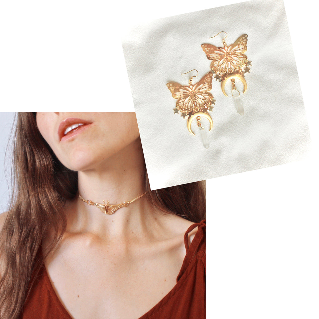 Happiness is a Butterfly Choker/Moonlight Lovers Earrings- GOLD BUNDLE