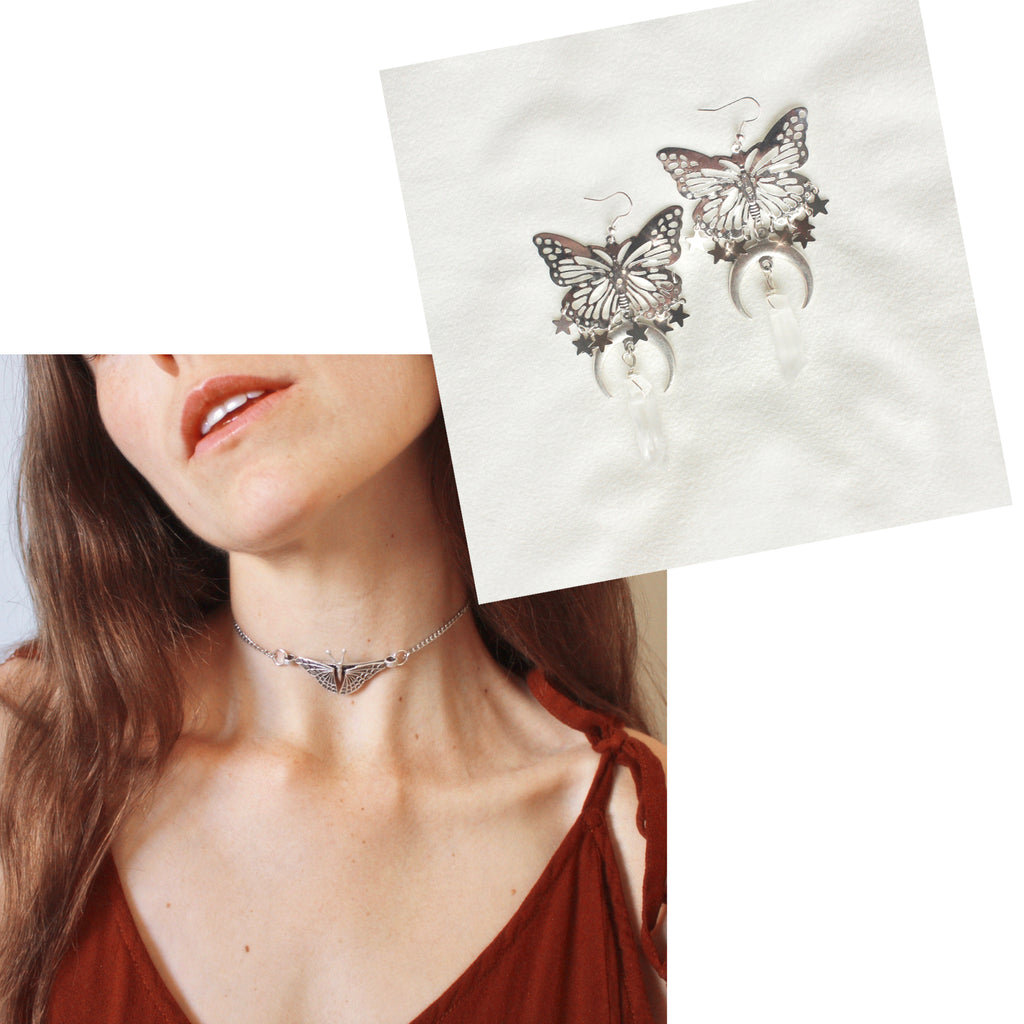 Happiness is a Butterfly Choker/Moonlight Lovers Earrings- SILVER BUNDLE