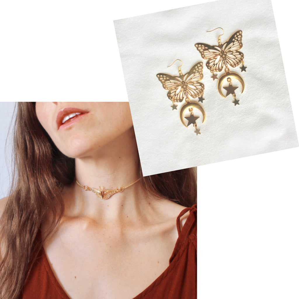 Happiness is a Butterfly Choker/Summer Sisters Earrings- GOLD BUNDLE