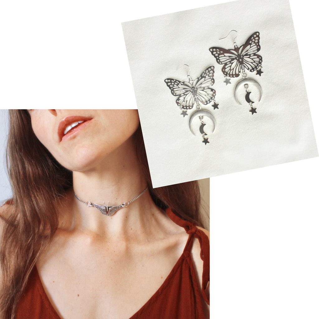 Happiness is a Butterfly Choker/Summer Sisters Earrings- SILVER BUNDLE